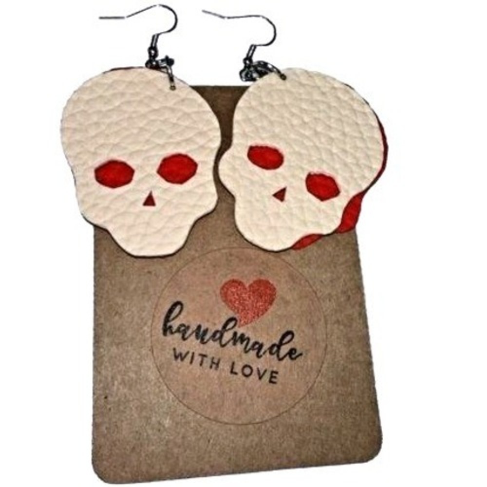 Skull Earrings Handmade Faux Leather Halloween Costume Cosplay‎ Jewelry